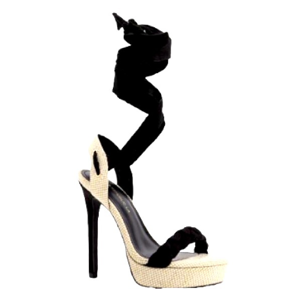 Black & Nude Strappy Lace Ankle Wrap Up High Heel Sandals - Picture 1 of 4